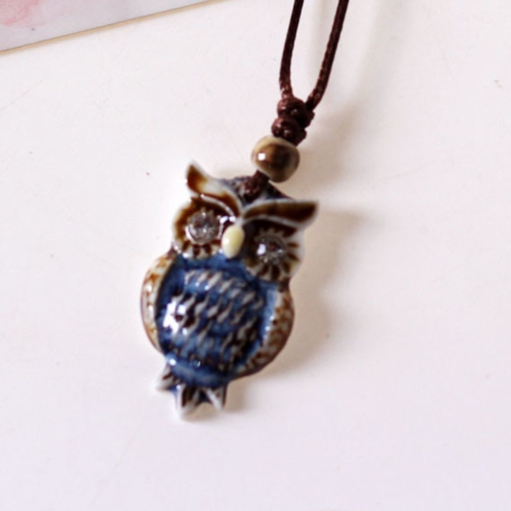 *GLYNNIS* Navy Blue Ceramic Owl Pendant Fashion Necklace